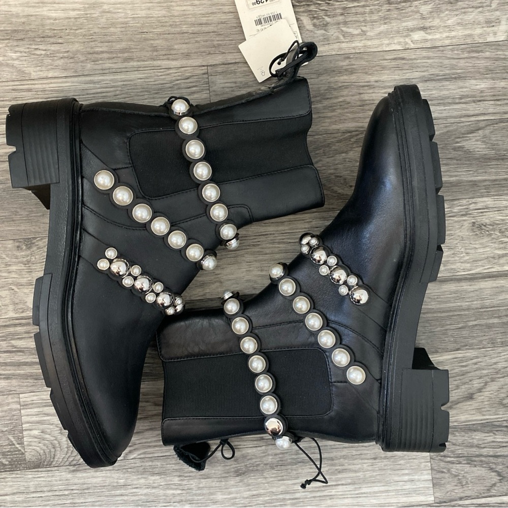 Zara Pearl Strap Leather Platform Lug Sole Chelsea Ankle Boots Black Sz. 7.5